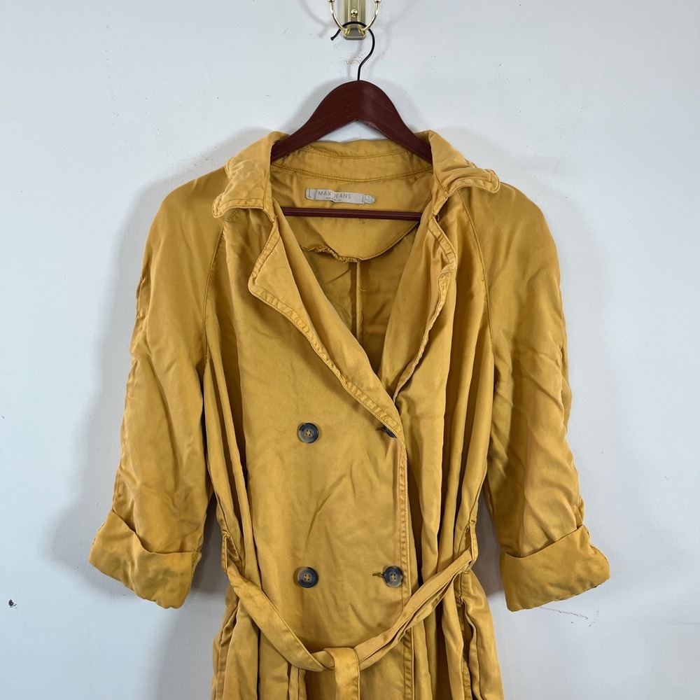 Max Jeans Trench Coat Mustard Yellow Jacket 3/4 Sleeves Tencel Size Small Spring - Picture 3 of 7
